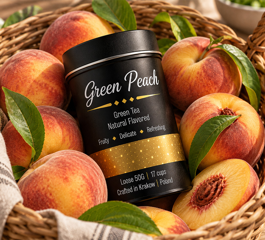 Green Peach Leo Tea – zielona herbata z brzoskwinią i kwiatem brzoskwini w metalowej puszce